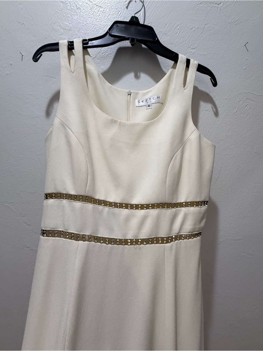 Vintage SKETCH NY Size 8 Ivory Rhinestone Formal Evening Maxi Dress Y2K